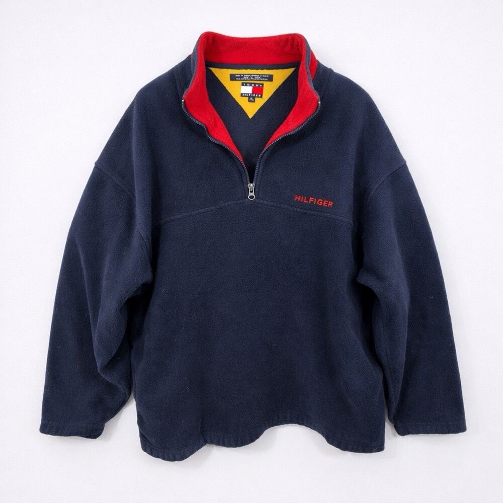 Vintage Tommy Hilfiger Y2K 90s Fleece 1/4 Zip Pullover Navy XL 1/4 Zip Flag Logo